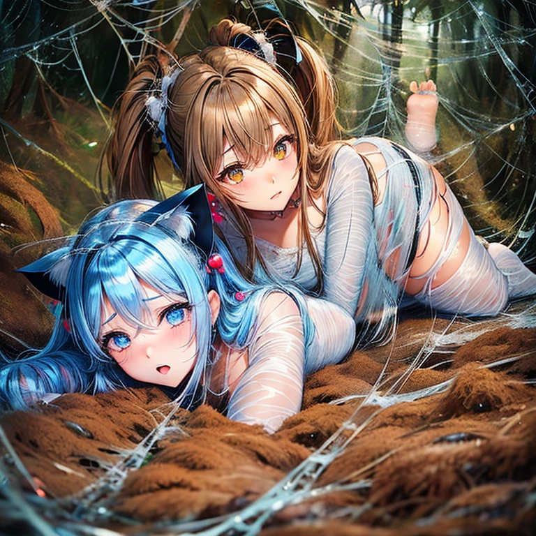 a girl completely entangled in the spider's web, laying down, blindfold, dark forest setting, looking at viewer, Blonde Hair, Very Long Hair, Blue Hair, Twintails, Brown Hair, Large breasts, Cat Ears, Earrings, Blush, Closed Mouth, Hair Ornament, Maid Headdress, Anime, spiders in web, fear in her eyes