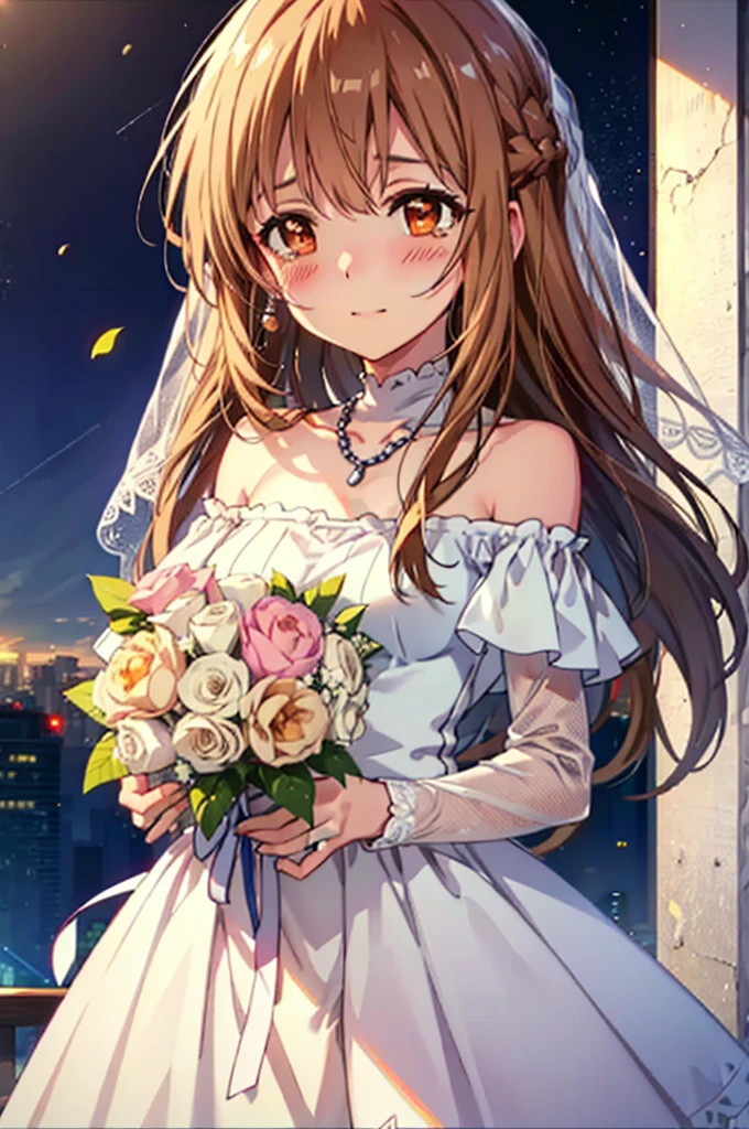 a sun ayuuki, a sun a yuuki, Long Hair, Brown Hair, (Brown eyes:1.8),smile,blush,Off-the-shoulder wedding dresses,necklace,Wedding Skirts,Holding a bouquet in both hands,Clear skies,Tears stream down her face,Tears of joy,I cry a lot,Flower storm,whole bodyがイラストに入るように,
break indoors, Chapel,教会
break looking at viewer, whole body,(Cowboy Shot:1.5),
break (masterpiece:1.2), Highest quality, High resolution, unity 8k wallpaper, (figure:0.8), (Beautiful attention to detail:1.6), Highly detailed face, Perfect lighting, Highly detailed CG, (Perfect hands, Perfect Anatomy),