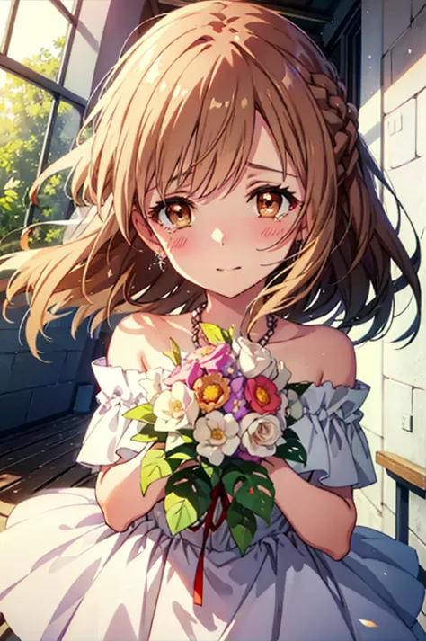 a sun ayuuki, a sun a yuuki, Long Hair, Brown Hair, (Brown eyes:1.8),smile,blush,Off-the-shoulder wedding dresses,necklace,Weddi...