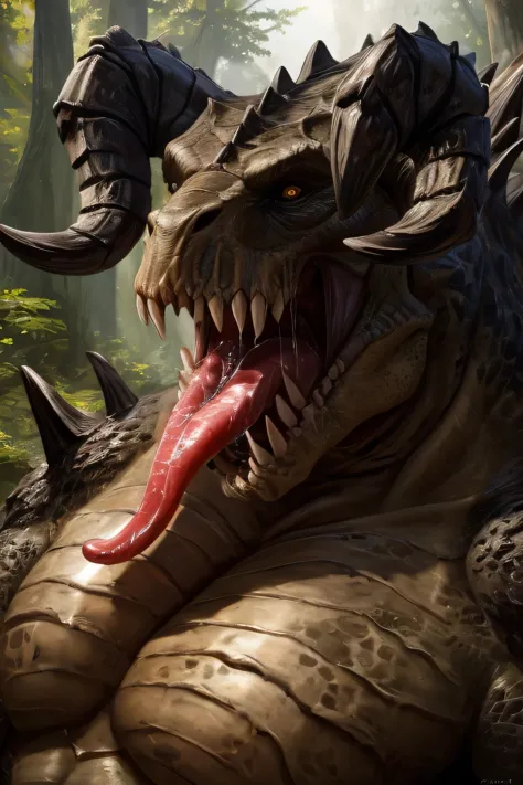 Deathclaw.whole body.Closing Arms.Wild.Sharp teeth.Huge body.Approached.Black mouth.Slimy Throat.saliva.scales. chest.Big penis.A terrifying growl. prey.Swallowed Whole.Touching the tongue.Uplifting.forest.nature.Realistic.sense of distance.(masterpiece.Highest quality.)