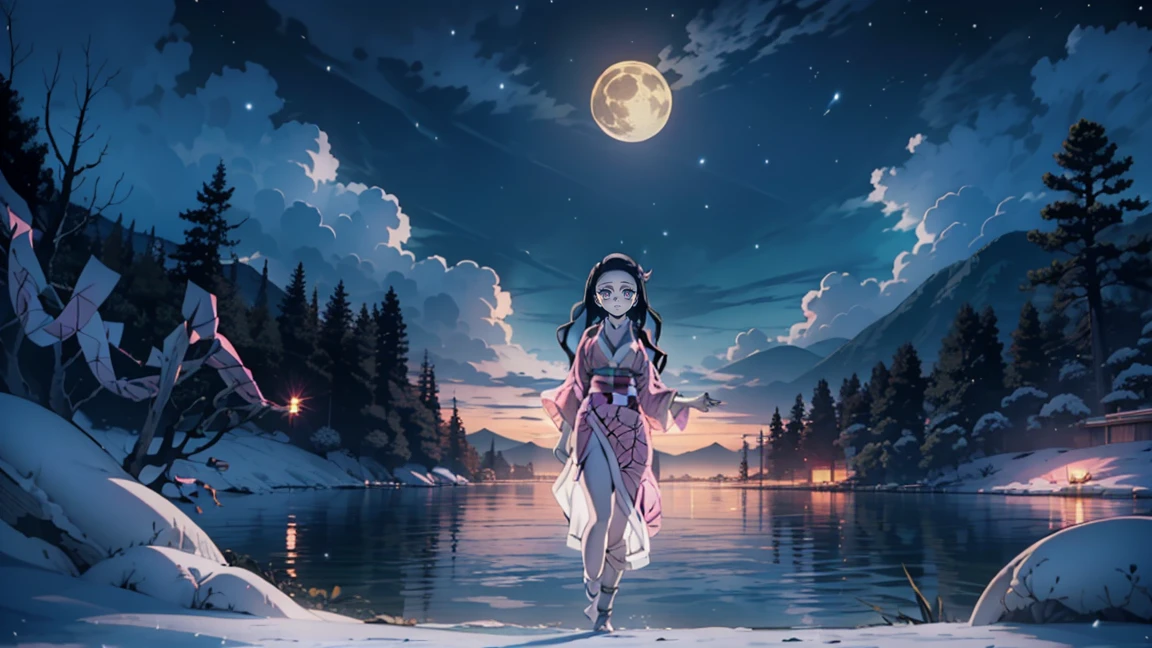 night, night forest, snowing, night sky, Swimming in the lake, moon, Erotica, full length, Panoramic view, half naked(Full body 1.1), sexual, smiling, Nezuko Kamado&#39;s masterpiece, smile, place, long black hair with orange tips, hair ribbon, (Pink eyes: 1.5) Bright, Wavy hair, two tones of hair, Professional photography, haori, Japanese outfit, sexual kimono, long sleeves, pink kimono, group, long sleeves, perfect curved body, Tattooed body with leaves, penetrating her body, Lovely medium breasts, Her breasts are sticking out from under her clothes, break (main part: 1.2), Best quality, a high resolution, photorealistic, photogenic, Обои Unity 8k, (illustration: 0.8), (Beautiful detailed Pink eyes: 1.6), very detailed face, perfect lighting, extremely detailed computer graphics , (perfect hands, Ideal Anatomy), 18 year old girl with perfect breasts, Beautiful face, Master&#39;s Degree, complex parts, Realistic details, anime, (Based on Demon Slayer Kimetsu no Yaiba by Nezuko Kamado) perfect body, Perfect pointed breasts, Ideal girl, Perfect details, ultra HD |, 8 K, professional photo, Kimetsu no Yaiba sexual Nezuko Kamado shows off her sexy body with a leaf tattoo, Joyful expression on his face,