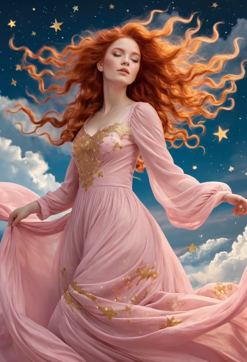 Il illustre une FEMME avec de longs, cheveux roux bouclés balayés par le vent, une robe aux tons rose pâle, ressemblant au ciel bleu azur, et ornée d'étoiles dorées et de nuages qui évoquent une atmosphère onirique.