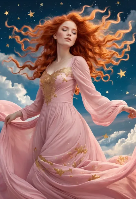 It illustrates a WOMAN with long, curly red hair blowing in the wind, a dress with a baby pink color palette, resembling the cer...