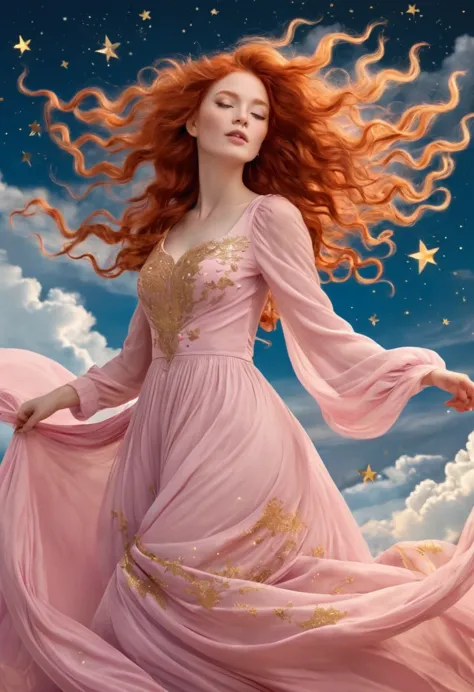 It illustrates a WOMAN with long, curly red hair blowing in the wind, a dress with a baby pink color palette, resembling the cer...