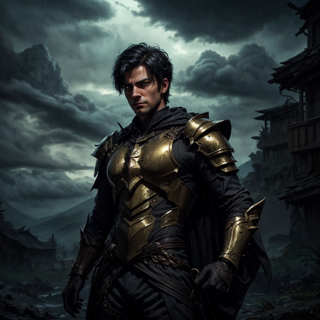 A handsome man wirh short spiky black hair, with a solemn expression looking towards the camera, his red eyes shows a hint of nostalgia, he wears a beautiful glimmering gold armor that covers his entire body and that shines in the darkness,  he stands in the darkness and solitude of the green mountains while the dark clouds rain above