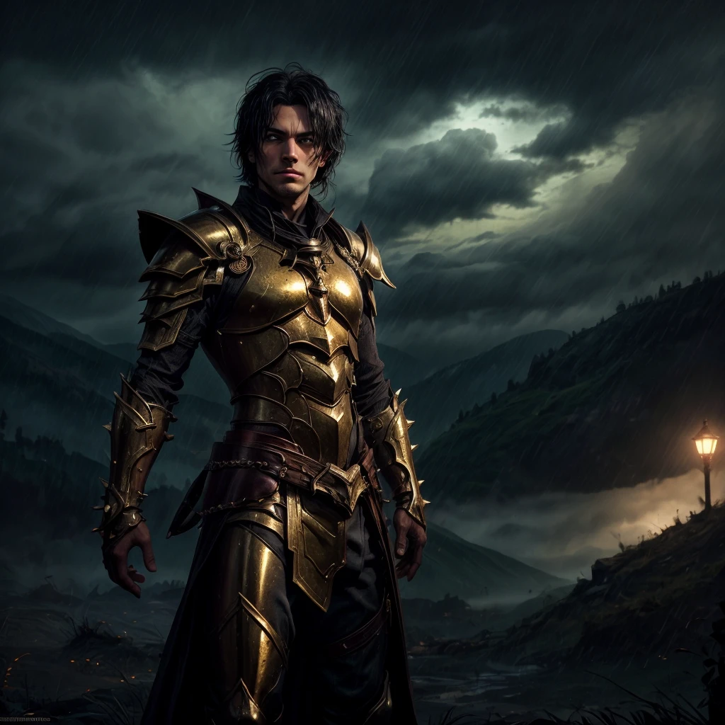 A handsome man wirh short spiky black hair, with a solemn expression looking towards the camera, his red eyes shows a hint of nostalgia, he wears a beautiful glimmering gold armor that covers his entire body and that shines in the darkness,  he stands in the darkness and solitude of the green mountains while the dark clouds rain above