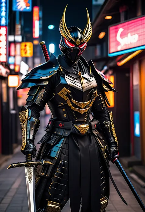 araffe dressed in a black suit holding a sword and a sword, cyborg samurai, cyber japan samurai armor, cyberpunk samurai, very b...