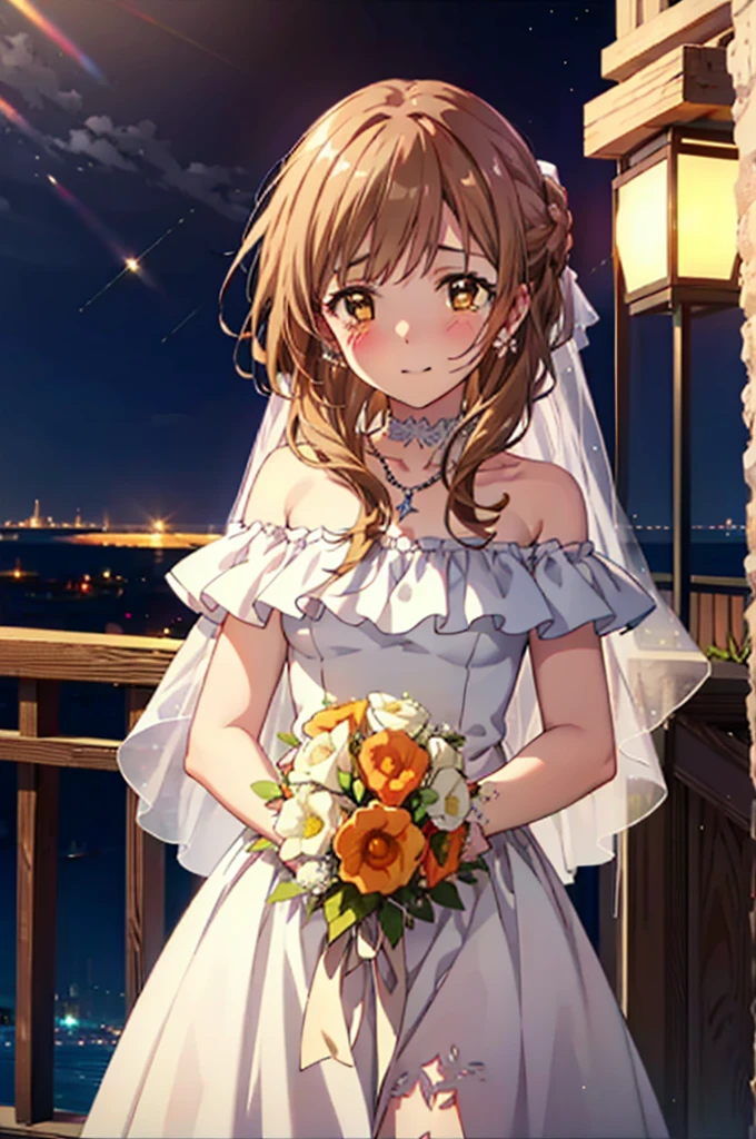 a sun ayuuki, a sun a yuuki, Long Hair, Brown Hair, (Brown eyes:1.8),smile,blush,Off-the-shoulder wedding dresses,necklace,Wedding Skirts,Holding a bouquet in both hands,Clear skies,Tears stream down her face,Tears of joy,I cry a lot,Flower storm,whole bodyがイラストに入るように,night,night景,
break outdoors, バルコニー
break looking at viewer, whole body,(Cowboy Shot:1.5),
break (masterpiece:1.2), Highest quality, High resolution, unity 8k wallpaper, (figure:0.8), (Beautiful attention to detail:1.6), Highly detailed face, Perfect lighting, Highly detailed CG, (Perfect hands, Perfect Anatomy),