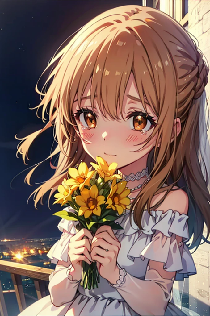 a sun ayuuki, a sun a yuuki, Long Hair, Brown Hair, (Brown eyes:1.8),smile,blush,Off-the-shoulder wedding dresses,necklace,Wedding Skirts,Holding a bouquet in both hands,Clear skies,Tears stream down her face,Tears of joy,I cry a lot,Flower storm,whole bodyがイラストに入るように,night,night景,
break outdoors, バルコニー
break looking at viewer, whole body,(Cowboy Shot:1.5),
break (masterpiece:1.2), Highest quality, High resolution, unity 8k wallpaper, (figure:0.8), (Beautiful attention to detail:1.6), Highly detailed face, Perfect lighting, Highly detailed CG, (Perfect hands, Perfect Anatomy),