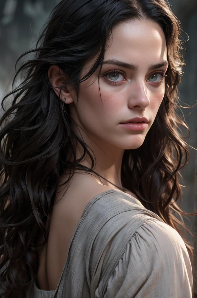 (masterpiece, absurdres, highres, ultra detailed), 1woman, wavy dark hair, adult, hazel eyes, focus,handsome face, yennefer the witcher, charming, detailed eyes and face, angry expression, sky background, looks like Kaya Scodelario, ghostly ethereal look