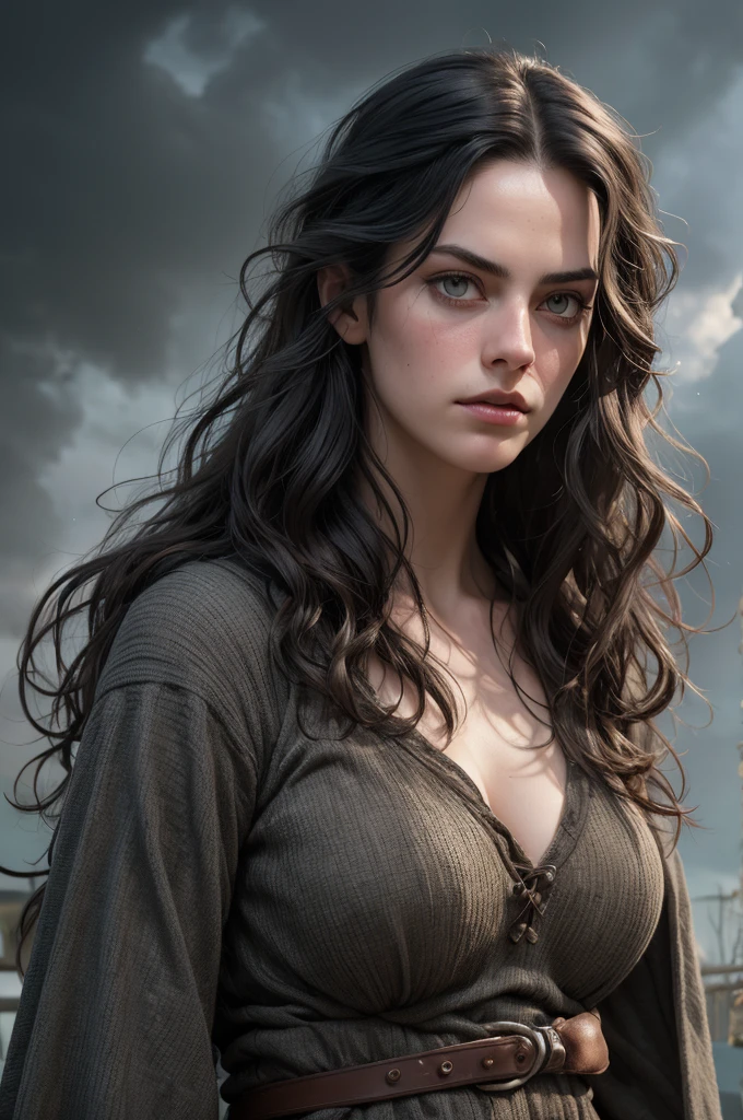 (masterpiece, absurdres, highres, ultra detailed), 1woman, wavy dark hair, adult, hazel eyes, focus,handsome face, yennefer the witcher, charming, detailed eyes and face, angry expression, sky background, looks like Kaya Scodelario, ghostly ethereal look