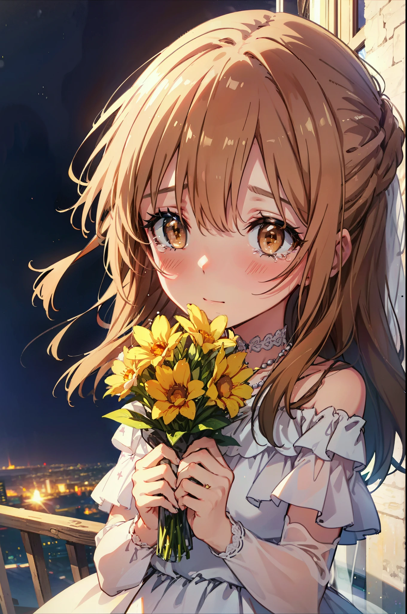 a sun ayuuki, a sun a yuuki, Long Hair, Brown Hair, (Brown eyes:1.8),smile,blush,Off-the-shoulder wedding dresses,necklace,Wedding Skirts,Holding a bouquet in both hands,Clear skies,Tears stream down her face,Tears of joy,I cry a lot,Flower storm,whole bodyがイラストに入るように,night,night景,
break outdoors, バルコニー
break looking at viewer, whole body,(Cowboy Shot:1.5),
break (masterpiece:1.2), Highest quality, High resolution, unity 8k wallpaper, (figure:0.8), (Beautiful attention to detail:1.6), Highly detailed face, Perfect lighting, Highly detailed CG, (Perfect hands, Perfect Anatomy),