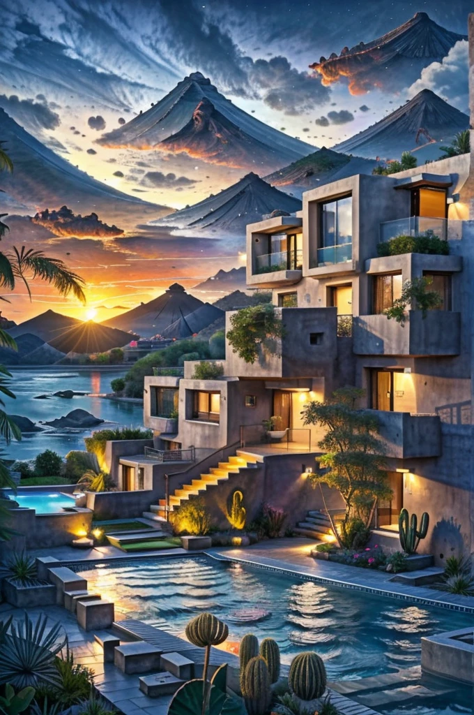 Multiple houses, brutalism style, Luis Barragán, Mountains in background, river, pool, terraces, stairs, garden terraces, trees, beautiful clouds, moon, sun, detailed, cacti, boulders, volcanic rocks, fuggy, river, lake, Violet, orange, olive green, blue, magenta, amazing volcano in horizont, beautiful garden design