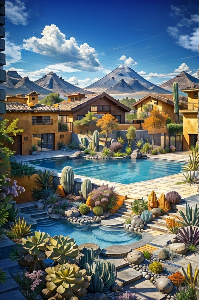 Multiple houses, brutalism style, Luis Barragán, Mountains in background, river, pool, terraces, stairs, garden terraces, trees, beautiful clouds, moon, sun, detailed, cacti, boulders, volcanic rocks, fuggy, river, lake, Violet, orange, olive green, blue, magenta, amazing volcano in horizont, beautiful garden design