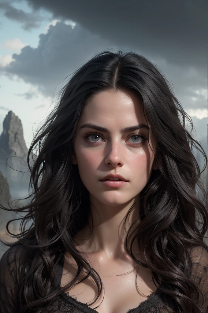 (masterpiece, absurdres, highres, ultra detailed), 1woman, wavy dark hair, adult, hazel eyes, focus,handsome face, yennefer the witcher, charming, detailed eyes and face, angry expression, sky background, looks like Kaya Scodelario, ghostly ethereal look