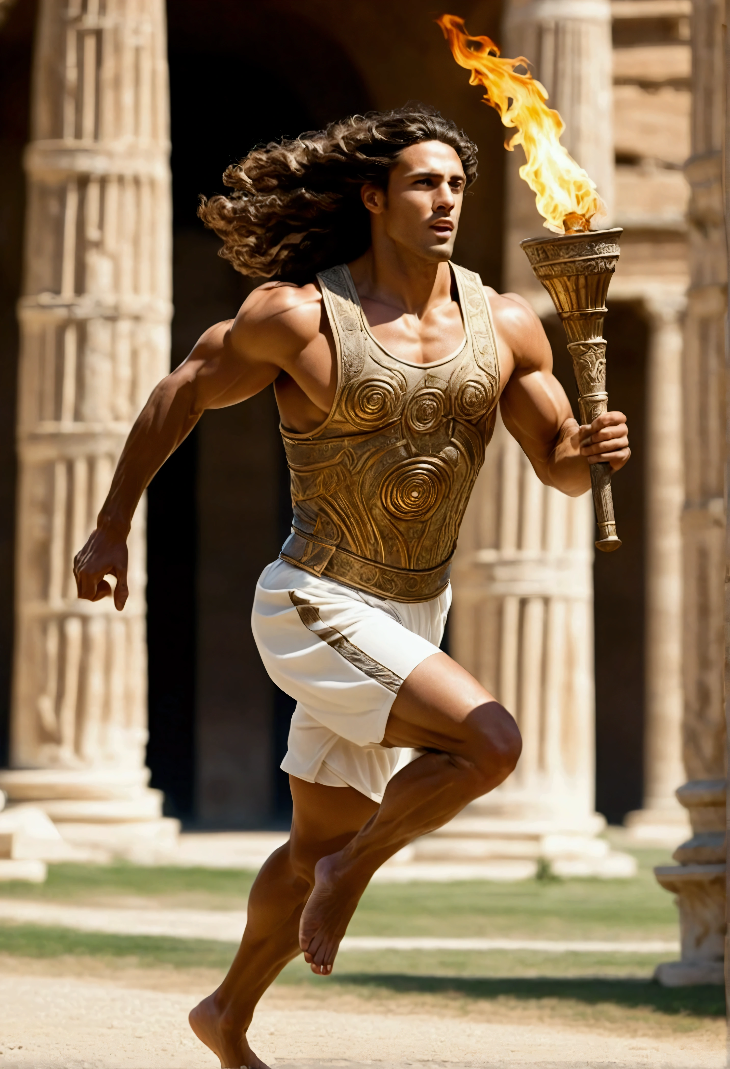 Olympic torchbearer, running with torch, Renaissance elements, full-body, tank-top, muscular, long permed hair, potted, Ancient Greek Colosseum in the background