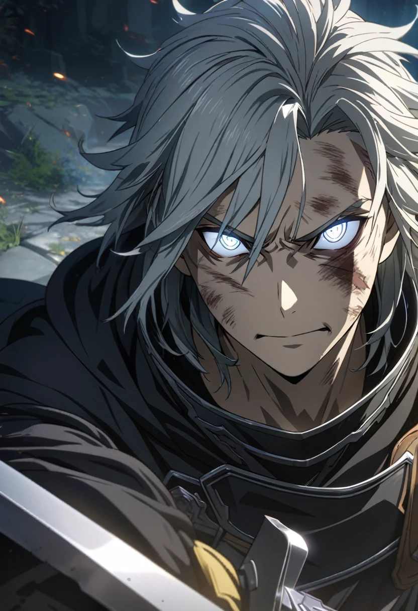 1.5, best quality, high quality, High definition, High quality texture, high detail, beautiful detailed, finely detailed, extremely detailed cg, detailed texture, 1man, boy, male, ((hero)), sword art online inspired, silver hair, mullet, shaggy hair, black cloak, black jacket, silver eyes, killer, glowing eyes, scarred face