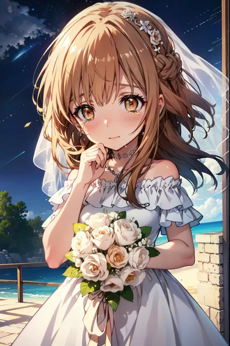 a sun ayuuki, a sun a yuuki, Long Hair, Brown Hair, (Brown eyes:1.8),smile,blush,Off-the-shoulder wedding dresses,necklace,Weddi...