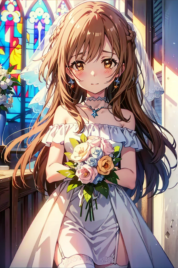 a sun ayuuki, a sun a yuuki, pelo largo, Pelo castaño, (Ojos cafés:1.8),sonrisa,rubor,vestidos de novia con hombros descubiertos,collar,Faldas De Boda,Sosteniendo un ramo con ambas manos,Cielos despejados,Las lágrimas corren por su rostro,lágrimas de alegría,Yo lloro mucho,Tormenta de flores,todo el cuerpoがイラストに入るように,fondo(Vitral)
romper en el interior, capilla,教会 descanso mirando al espectador, todo el cuerpo,(tiro de vaquero:1.5),
break (obra maestra:1.2), de la máxima calidad, Alta resolución, fondo de pantalla de unidad 8k, (cifra:0.8), (Hermosa atención al detalle:1.6), Cara muy detallada, Iluminación perfecta, CG muy detallado, (manos perfectas, anatomía perfecta),