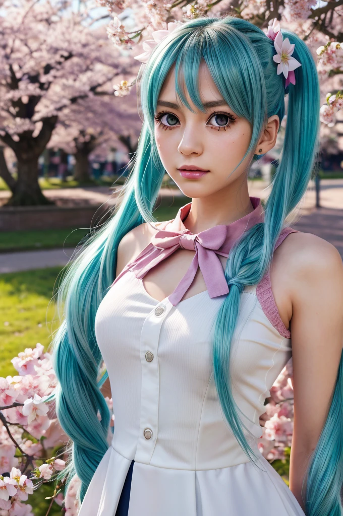 Hatsune Miku, , longues queues jumelles bleues, yeux verts, traits du visage détaillés, Beaux yeux détaillés, belles lèvres détaillées, visage extrêmement détaillé, long cils,  chiffre, Posture debout, contexte scolaire, En plein air, cerisiers en fleurs, lumière du soleil, couleurs vives, éclairage doux, Photoréaliste, 8k, Meilleure qualité, détails complexes, Style animé, art numérique