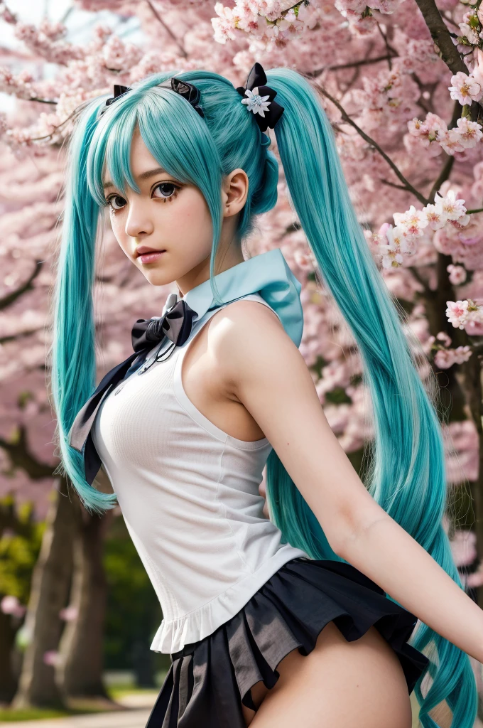 Hatsune Miku, , longues queues jumelles bleues, yeux verts, traits du visage détaillés, Beaux yeux détaillés, belles lèvres détaillées, visage extrêmement détaillé, long cils,  chiffre, Posture debout, contexte scolaire, En plein air, cerisiers en fleurs, lumière du soleil, couleurs vives, éclairage doux, Photoréaliste, 8k, Meilleure qualité, détails complexes, Style animé, art numérique