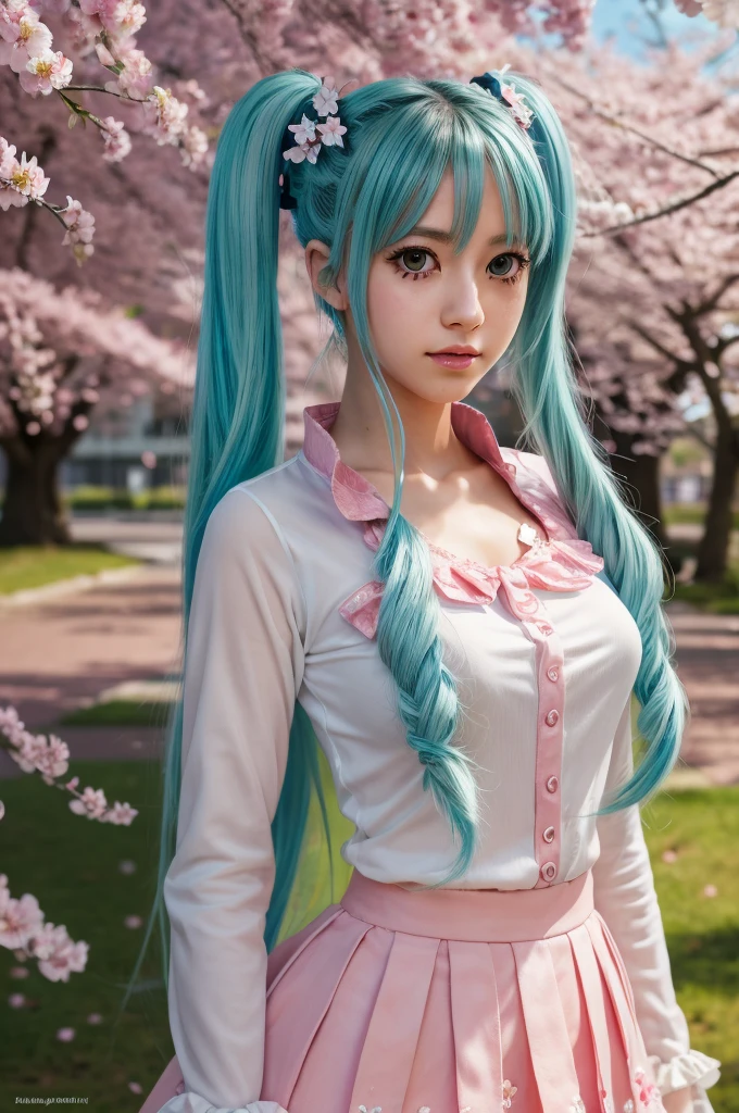 Hatsune Miku, , longues queues jumelles bleues, yeux verts, traits du visage détaillés, Beaux yeux détaillés, belles lèvres détaillées, visage extrêmement détaillé, long cils,  chiffre, Posture debout, contexte scolaire, En plein air, cerisiers en fleurs, lumière du soleil, couleurs vives, éclairage doux, Photoréaliste, 8k, Meilleure qualité, détails complexes, Style animé, art numérique