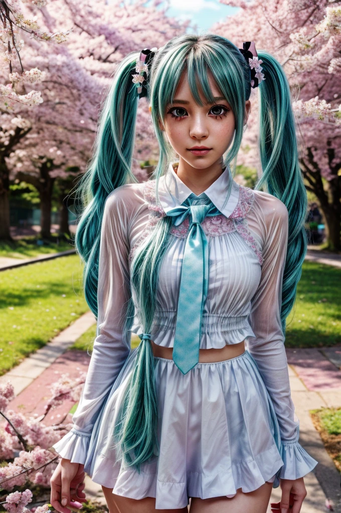 Hatsune Miku, , longues queues jumelles bleues, yeux verts, traits du visage détaillés, Beaux yeux détaillés, belles lèvres détaillées, visage extrêmement détaillé, long cils,  chiffre, Posture debout, contexte scolaire, En plein air, cerisiers en fleurs, lumière du soleil, couleurs vives, éclairage doux, Photoréaliste, 8k, Meilleure qualité, détails complexes, Style animé, art numérique