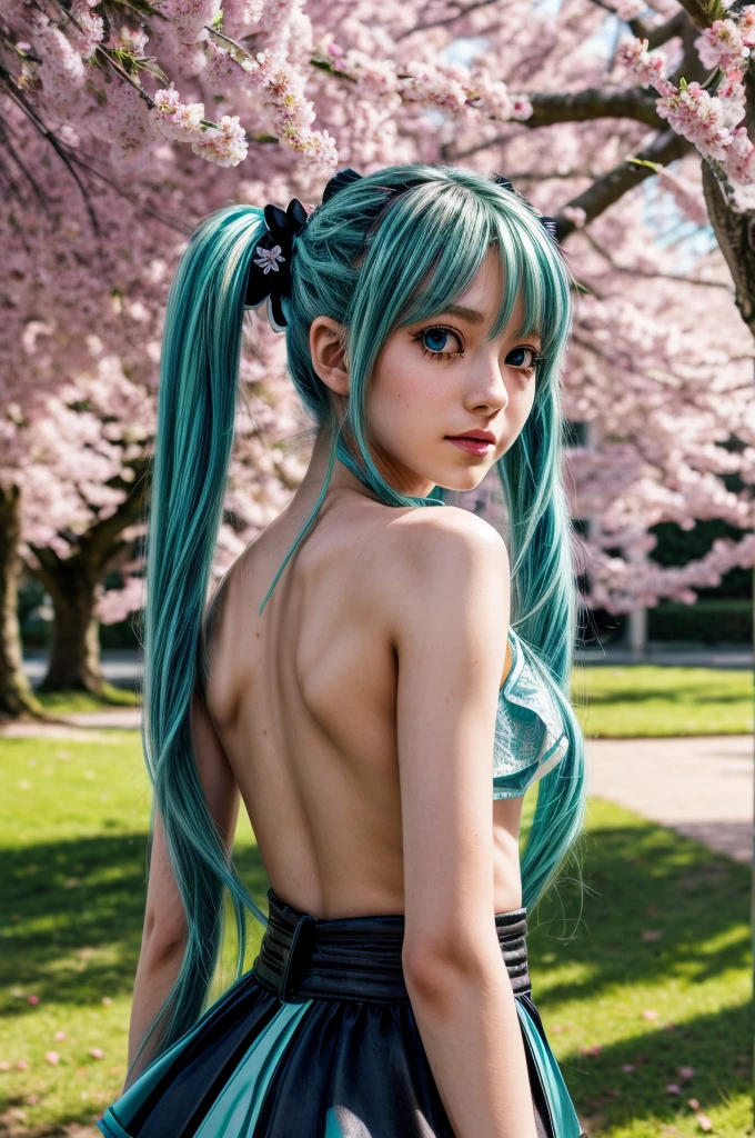 Hatsune Miku, , longues queues jumelles bleues, yeux verts, traits du visage détaillés, Beaux yeux détaillés, belles lèvres détaillées, visage extrêmement détaillé, long cils,  chiffre, Posture debout, contexte scolaire, En plein air, cerisiers en fleurs, lumière du soleil, couleurs vives, éclairage doux, Photoréaliste, 8k, Meilleure qualité, détails complexes, Style animé, art numérique