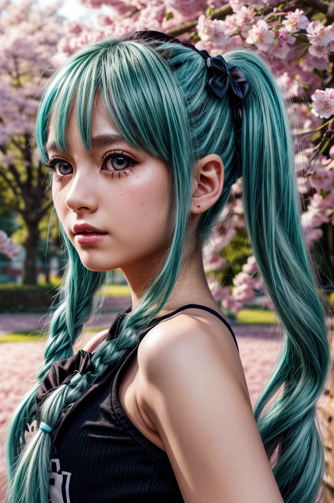 Hatsune Miku, , longues queues jumelles bleues, yeux verts, traits du visage détaillés, Beaux yeux détaillés, belles lèvres détaillées, visage extrêmement détaillé, long cils,  chiffre, Posture debout, contexte scolaire, En plein air, cerisiers en fleurs, lumière du soleil, couleurs vives, éclairage doux, Photoréaliste, 8k, Meilleure qualité, détails complexes, Style animé, art numérique