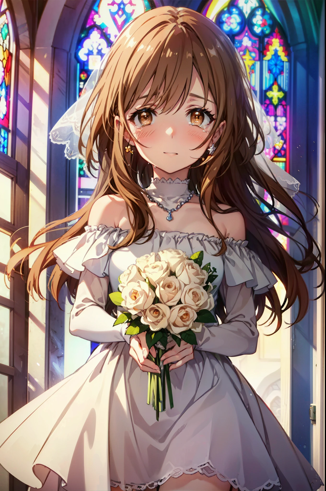 a sun ayuuki, a sun a yuuki, Long Hair, Brown Hair, (Brown eyes:1.8),smile,blush,Off-the-shoulder wedding dresses,necklace,Wedding Skirts,Holding a bouquet in both hands,Clear skies,Tears stream down her face,Tears of joy,I cry a lot,Flower storm,whole bodyがイラストに入るように,background(Stained glass)
break indoors, Chapel,教会
break looking at viewer, whole body,(Cowboy Shot:1.5),
break (masterpiece:1.2), Highest quality, High resolution, unity 8k wallpaper, (figure:0.8), (Beautiful attention to detail:1.6), Highly detailed face, Perfect lighting, Highly detailed CG, (Perfect hands, Perfect Anatomy),