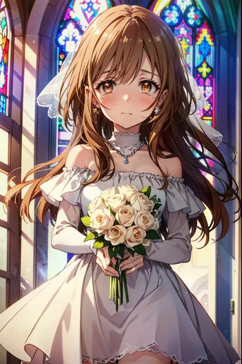 a sun ayuuki, a sun a yuuki, long hair, brown hair, (brown eyes:1.8),smile,blush,off-the-shoulder wedding dresses,necklace,weddi...