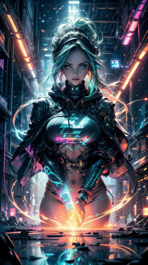 in the heart of the cyberpunk universe a young beautiful woman with glowing neon green middle hair, oversize hoodie with phospho...