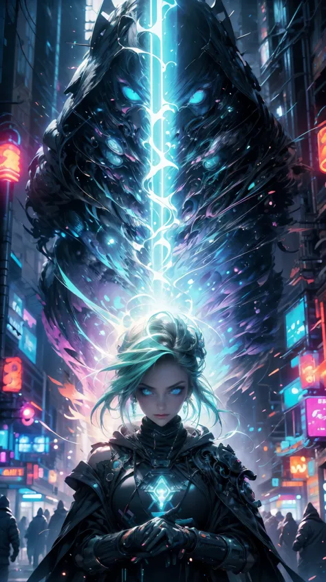 in the heart of the cyberpunk universe a young beautiful woman with glowing neon green middle hair, oversize hoodie with phospho...