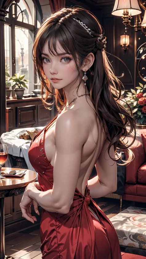 Model posing in a luxury hotel lobby。Crimson evening gown、Diamond Earrings、Her hair is elegantly set in an updo