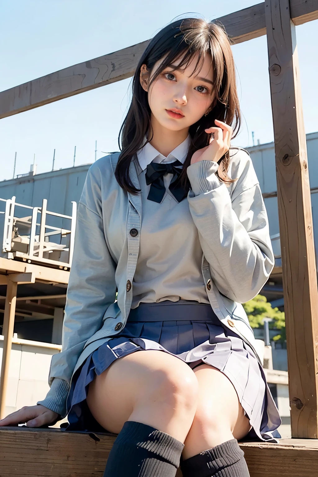 Masterpiece, bokeh, (Beautiful face), (Detailed face), (Perfect hands), (Japanese idle:1.6), (school uniform:1.3), ( Large Bridge construction site:1.3), (Blushed face:1.3), working boots, (From below:1.5), 