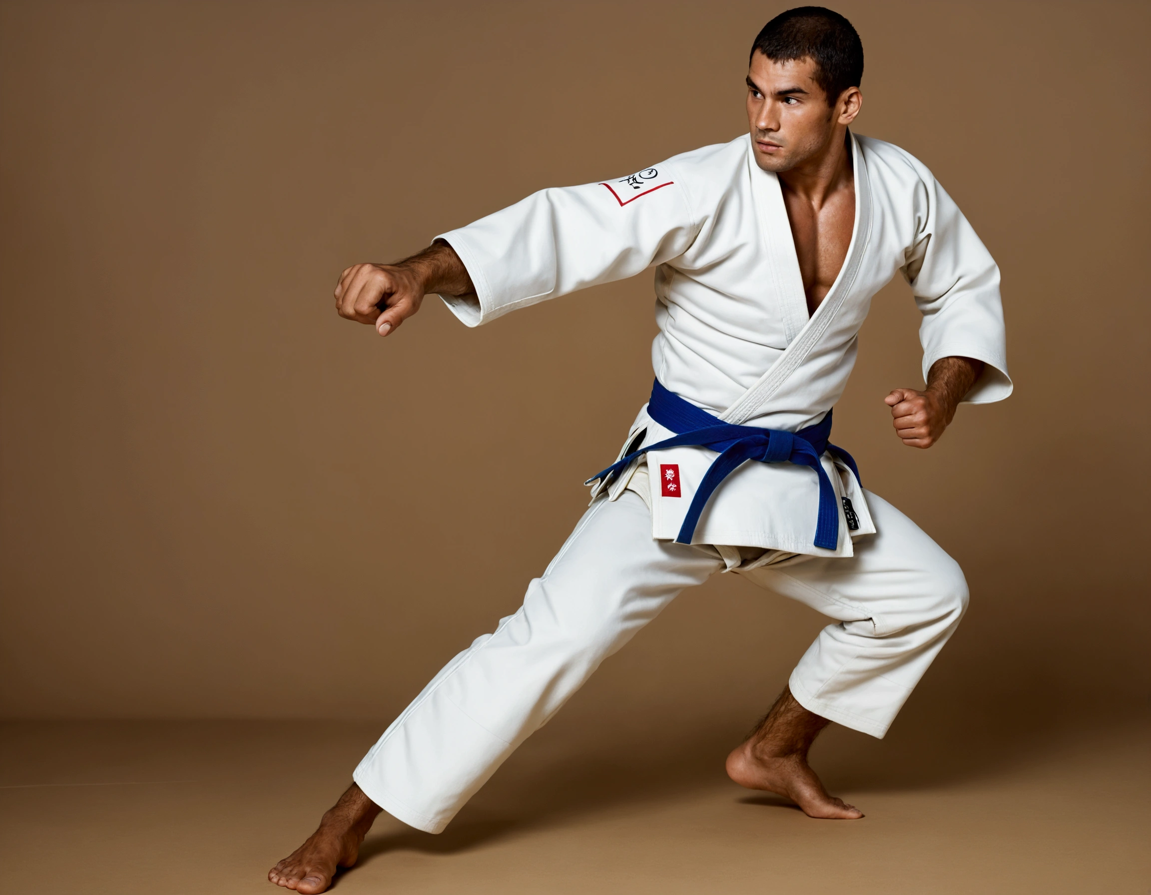 Olympic athlete, judo athlete, full-body, muscular, facing opponent,
Raising hands.
Judo uniform, black belt, Olympic gymnasium, climax of excitement.