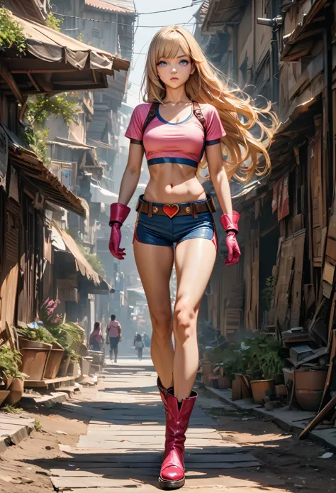 A superheroine, tall body, athletic body, (shoulder-length hair, blonde, side bangs), blue eyes, medium chest, pink tight shirt (crop top, plain, scoop neck, short tight sleeves), navel,  blue mini low rise shorts , brown mini leather belt with yellow and red heart belt buckle, pink small gloves, pink small high heel boots, walk, full body,   front-facing, UHD, 1080 P, ultra-detailed, ultra-realistic, best quality