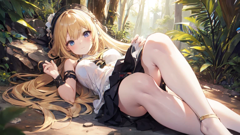 super high quality, Super detailed, Ultra-clear, forest, one person, long blonde hair, sleep, Swimsuit, Clothes with intricate and colorful details, mini skirt, Stockings