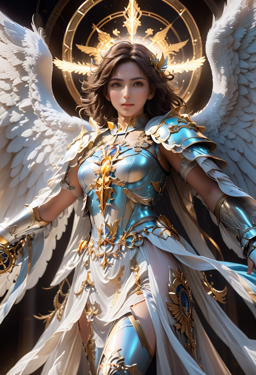 Archangel Michael、Four Archangels Last Out Peace,Highest quality,Ultra-detailed,High resolution,High resolution,4K,Portrait in 4K,8k,8kポートレート,unity 8k wallpaper,Highly detailed CG,Realistic,RAW Photos,Real person,Portrait of,Realistic,Glowing Skin,Detailed skin,((Top Quality)), ((Masterpiece)), (Details: 1.4), 3d, Thick voluminous hair, light particles, pure energy chaos antitech, HDR (High Dynamic Range), ray tracing, nvidia RTX, super resolution, Unreal 5, subsurface scattering, PBR Texturing, post-processing, anisotropic filtering, depth of field, maximum clarity and sharpness, multi-layer textures, Albedo and specular maps, surface shading, accurate simulation of light and material interaction, perfect proportions, Octane rendering, two-tone lighting, wide aperture, low ISO, white balance, trichotomy, 8k RAW,超Realisticな女性の肖像画,magic lights,32K resolution,Action pose, Realistic photos,Dynamic Lighting,Art Station,Volumetric lighting, Highly detailed face,Award,Shadow, Modesty,Beautiful long legs, showing thighs, Mastepiece, Cinematic Shadows, Synmatic Lighting, Realistic写真, Extremely detailed, Realistic写真, Raw photo,
