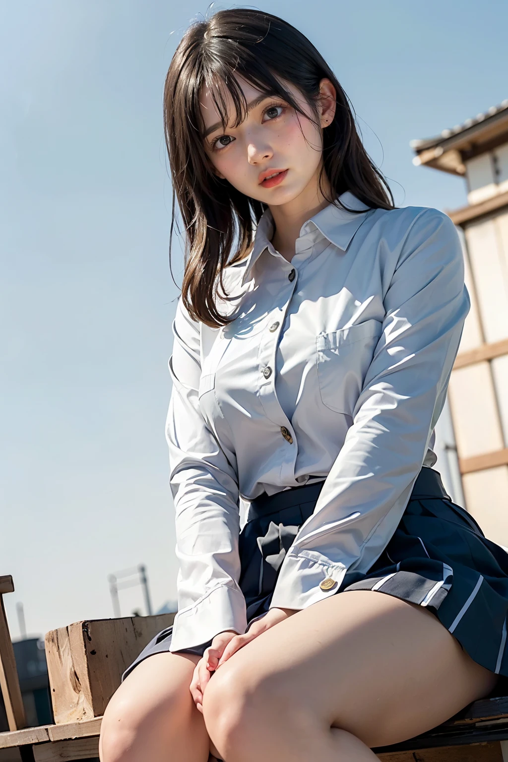 Masterpiece, bokeh, (Beautiful face), (Detailed face), (Perfect hand:1.2), (Japanese idle:1.6), (school uniform:1.3), ( Large Bridge construction site:1.3), (Blushed face:1.3), working boots, (From below:1.5), 