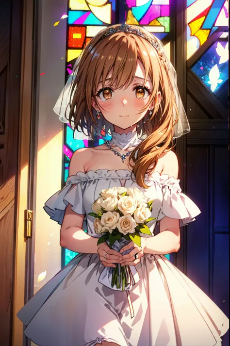 a sun ayuuki, a sun a yuuki, long hair, brown hair, (brown eyes:1.8),smile,blush,off-the-shoulder wedding dresses,necklace,weddi...