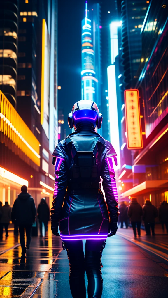 (good structure),high dynamic range,ultra high definition,8k,1 girl,building,cyberpunk protective clothing,City,cyberpunk gas mask,cyberpunk protective helmet,A luminescent helmet,neon lights,neon color,City lights,Cityscape,Glowing clothing,night,Many luminescent lines throughout the body,above knee,back camera,Upper body,Turn your back to the camera,cyberpunk,luminescent,Mecha,neon lights,actual,Science fiction,skyscraper,alone