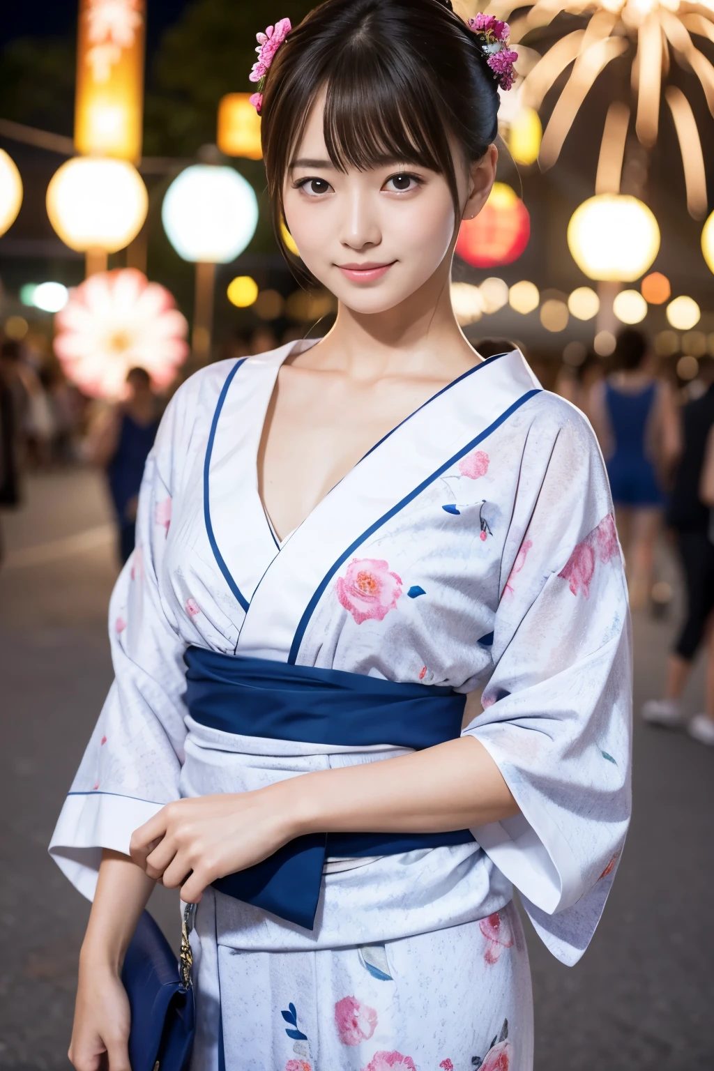 20 year old Japanese girl、Highest quality、Full Body Shot、Ultra-high resolution、(reality:1.4)、Raw photo、(Girl in floral yukata:1.2)、Summer festival、night、stall、Large fireworks、short hair、8k、(Raw photo: 1.2)、(realism: 1.4)、(Exquisite details: 1.2)、Delicate and beautiful details、(Eye details)、(Facial details)、(Highest quality):1.4)、(Super Resolution: 1.2)、(High-definition illustrations)、Highest quality、Super Resolution、Natural Shadows、Random cute poses、Large Breasts、Five fingers、(日本のSummer festival:1.2)、Big breasts with bare shoulderoist sweat in the cleavage、Shiny skin、Nasty yukata、Beautiful fireworks in the background