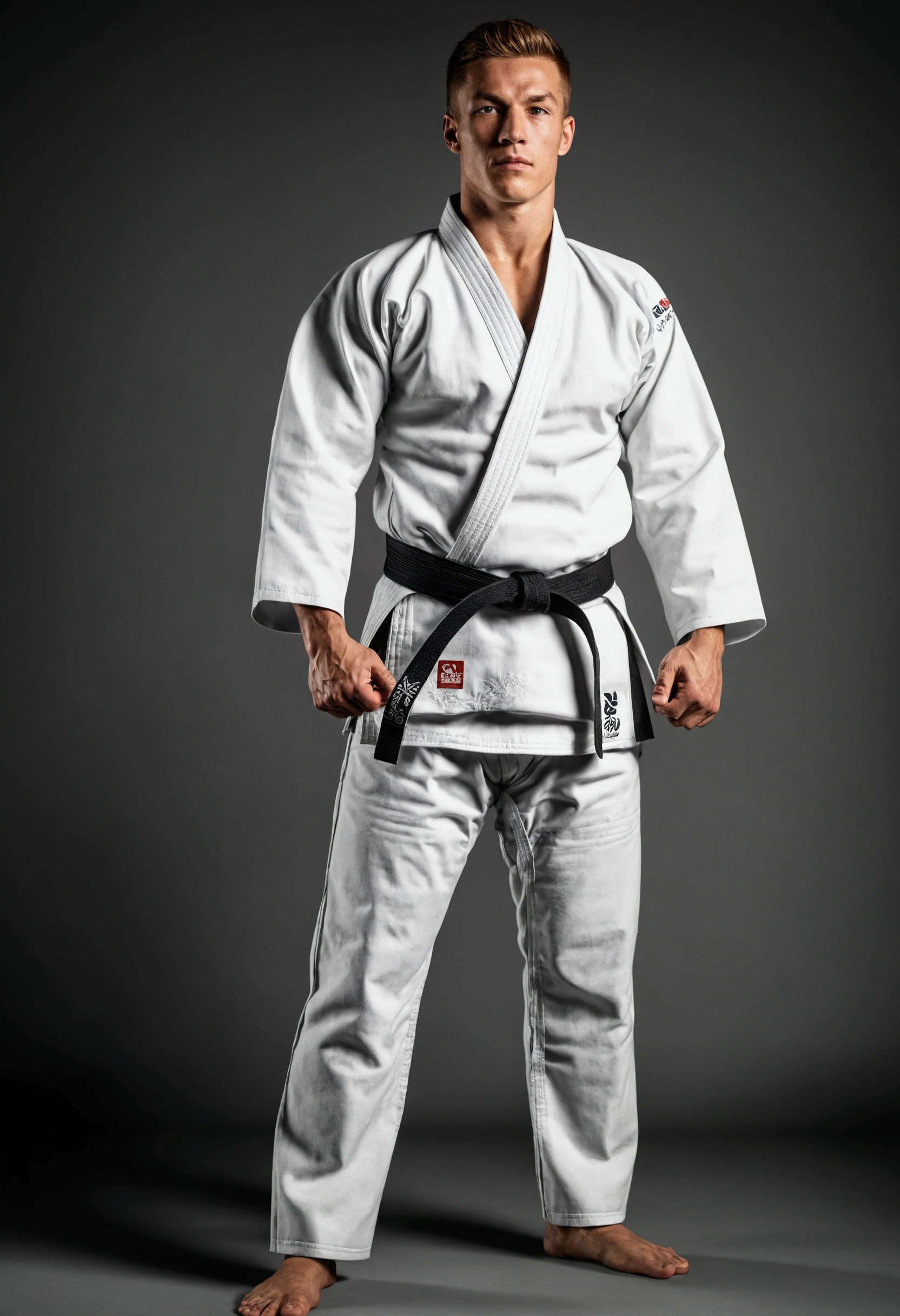 Athlète olympique, Athlète de judo, tout le corps, Musclé,
pose musculaire,
uniforme de judo, ceinture noire, Gymnase olympique, apogée de l'excitation.