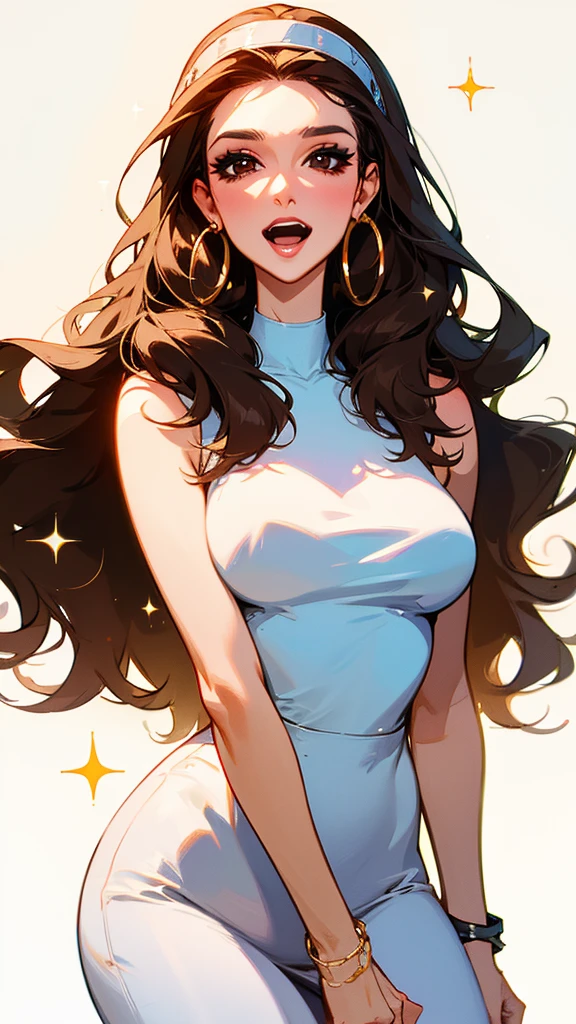 1girl, Long Hair, Open Mouth, Brown Hair, Celine Dion, Large breasts, Hoop Earrings, Makeup, Simple background, Hairband, Sparkle, Accurate, High Resolution, Masterpiece, Anatomically Correct, Best Quality, 