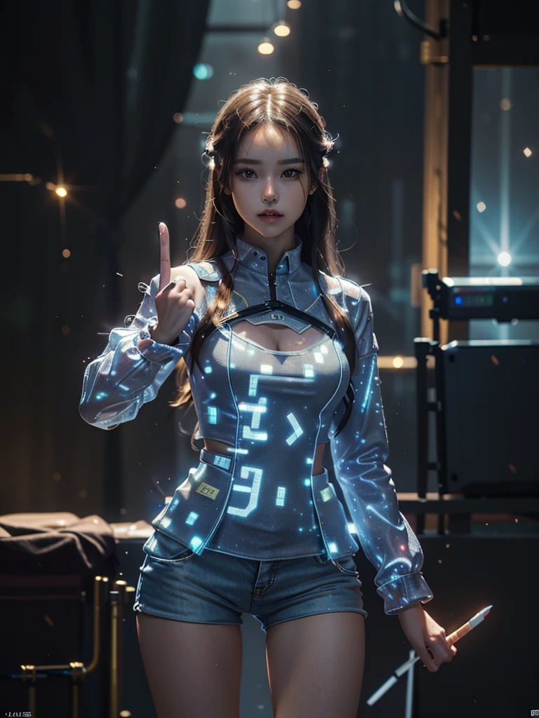 Ultra-Realistic Capture,18k,RAW Photos,Highest quality,masterpiece,reality,Very detailed,Live Action,Very beautiful woman,Detailed face,Glowing Skin,rainbow,Automata,cyber punk,18-year-old ,Model body type,slim,lots of leds,Clothes made of light particles,rainbowスキン,Implanted electronic devices,Very detailedな電子機器,Many connecting lines,Very long hair,Large Breasts,Acrobatic poses,((Middle finger:1.5)),neon,Looking down,Angry expression,