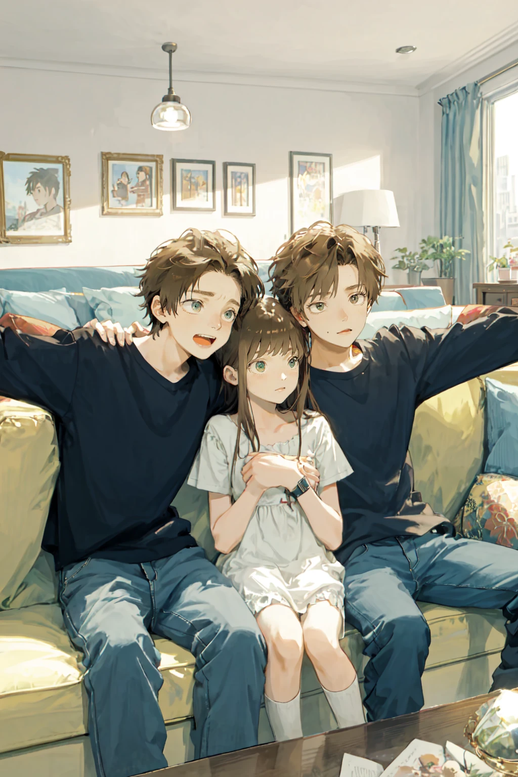 2girl, 1boys, boy and girl sandwich,sitting a sofa,in living room
 