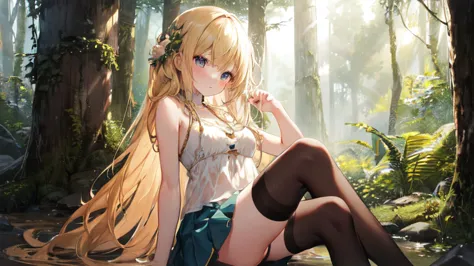 super high quality, super detailed, ultra-clear, forest, one person, long blonde hair, sleep, swimsuit, clothes with intricate a...