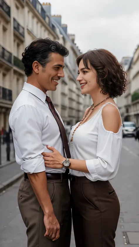 front view, full-body, couple is standing pose , on street , in paris, looking eiffel tower, 2020 years ,(1 male and 1 female is...