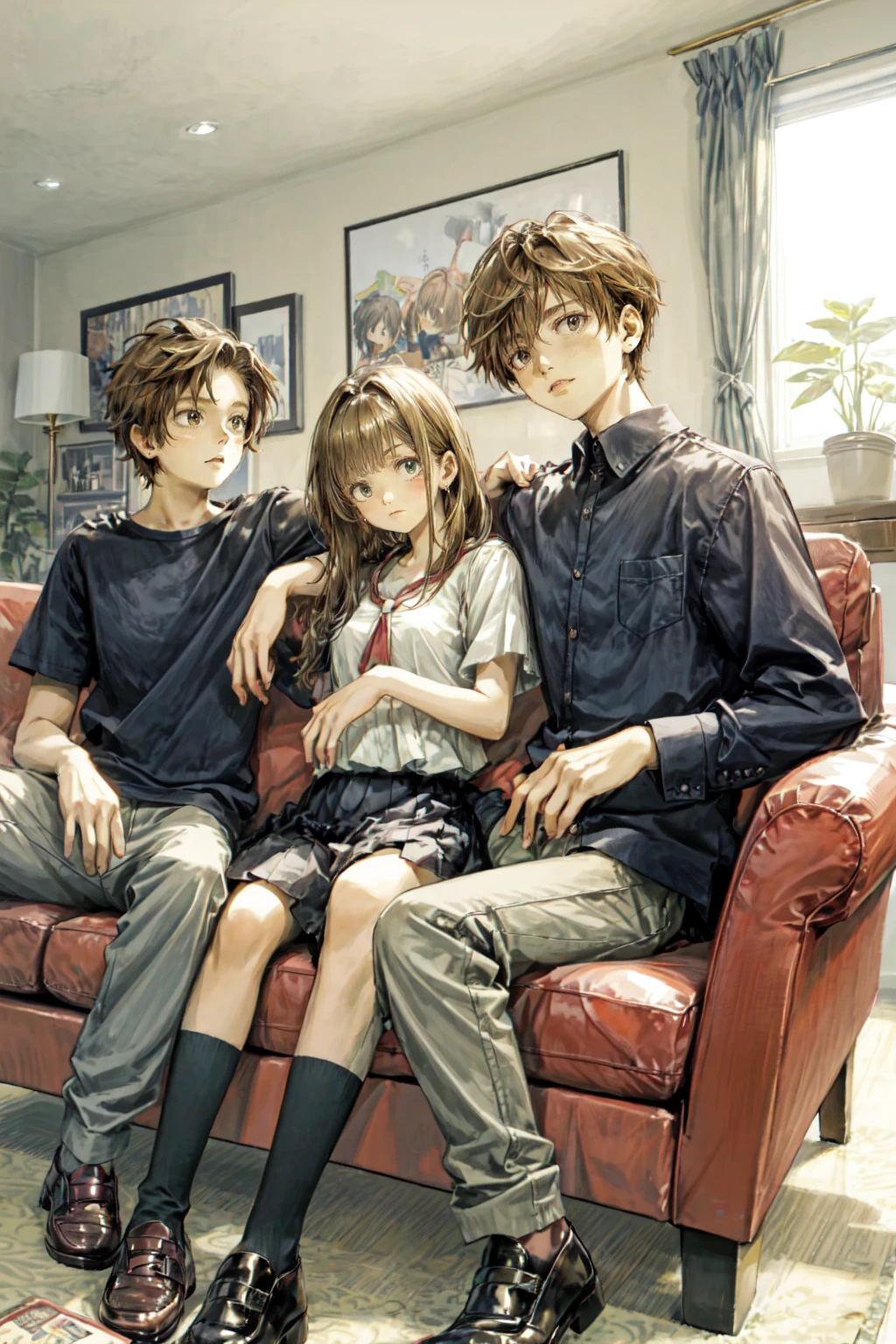 2girl, 1boys, boy and girl sandwich,sitting a sofa,in living room
 